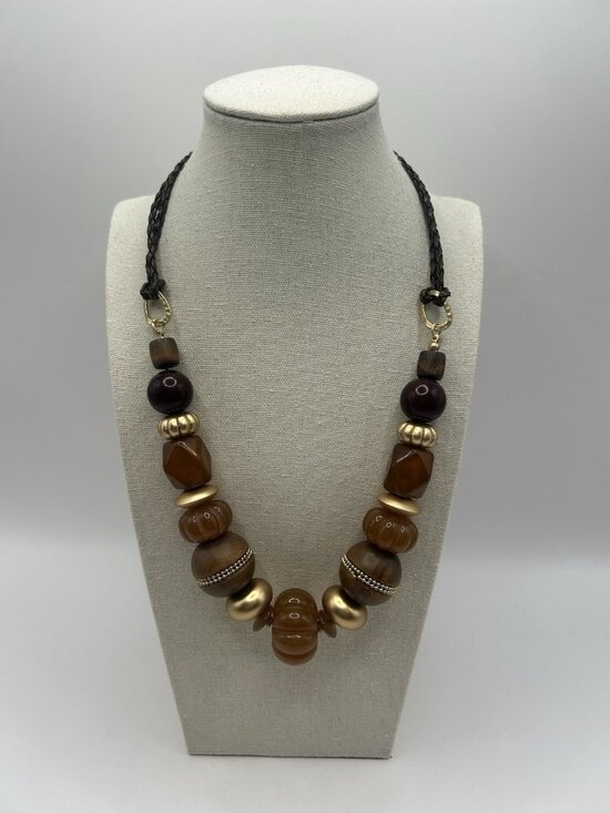Unbranded Jewelry - Vintage Boho Statement Necklace Wood Bead Gold Tone Brown Chunky Bib Braid Earth